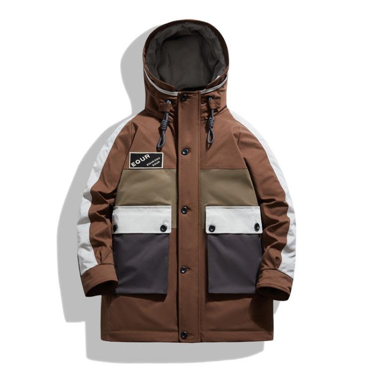 羽絨外套 工裝服男士2023冬季新款潮牌加厚連帽拼色外套潮流輕薄面包服-細節圖3