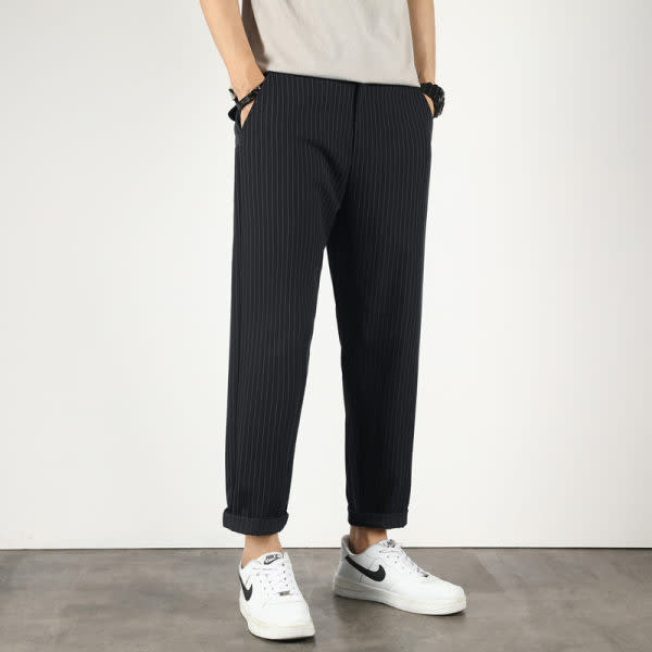 西裝褲 日系男裝條紋小西褲男夏季新款寬松垂感直筒九分青年休閒子-細節圖2