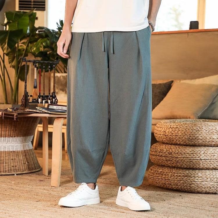 夏季風亞麻褲男士寬松大碼純色哈倫褲棉麻休閒褲現貨一件代髮-細節圖6