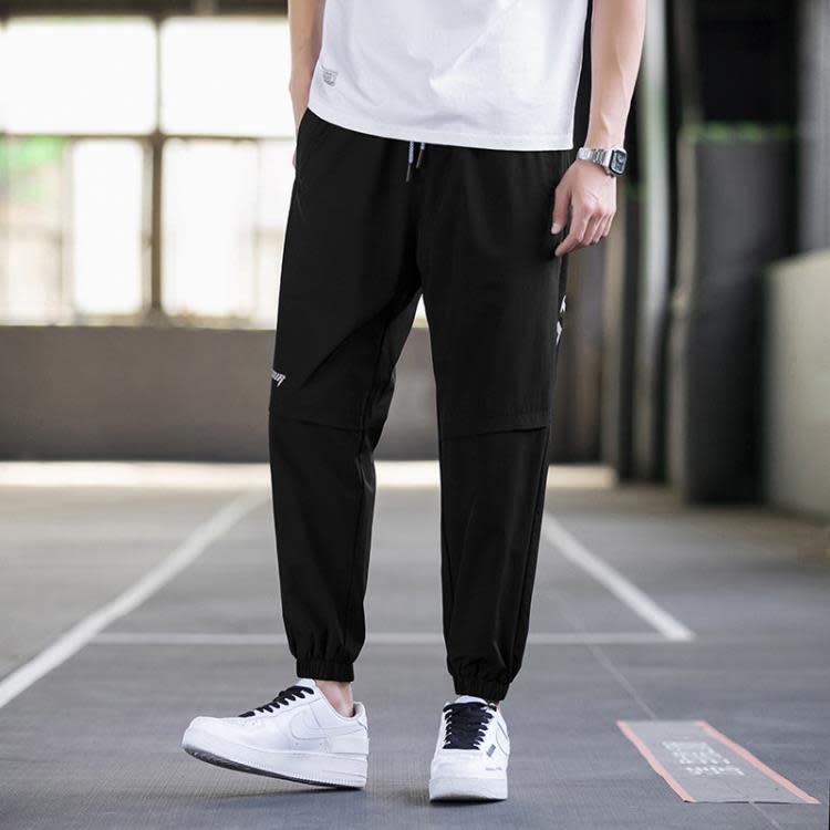 休閒褲 夏季冰絲工裝褲男士潮牌薄款九分褲子男生寬松束腳速干運動褲-細節圖3