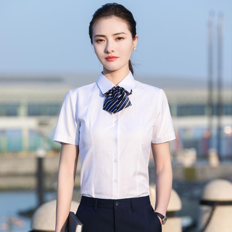 男女同款春夏白襯衫短袖銷售酒店前臺工作服正裝襯衣職業女繡logo-細節圖2