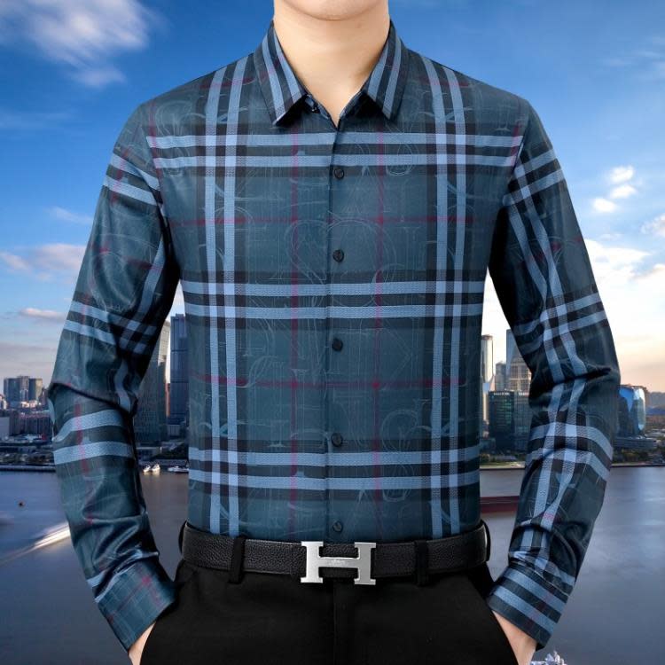 品牌秋季時尚襯衣男爸爸裝長袖商務休閒男士山羊絨格子襯衫上衣男-細節圖3