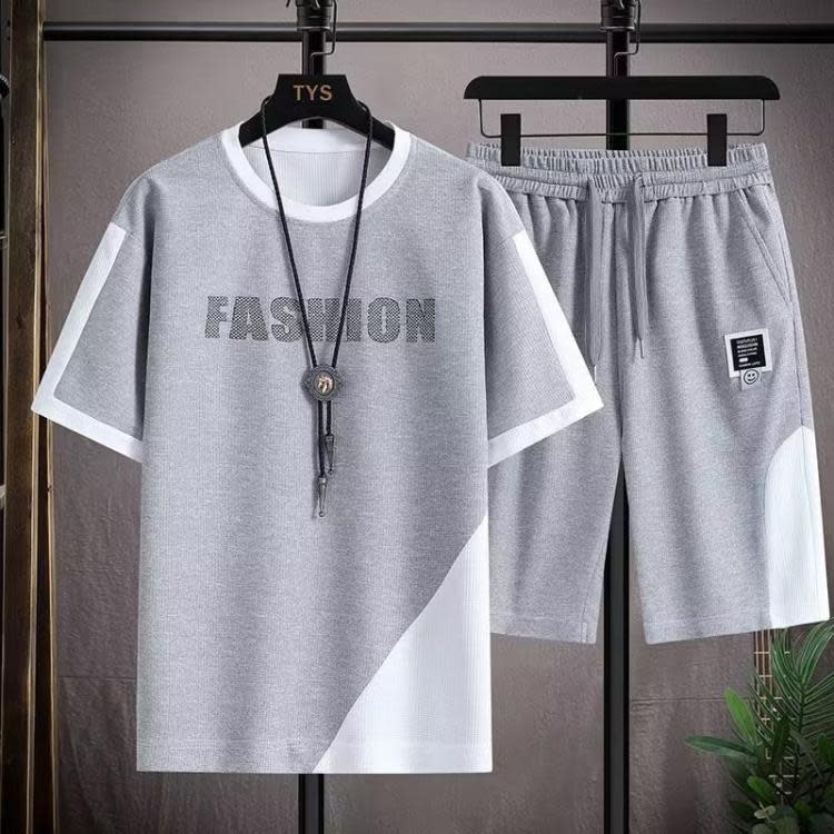 2023年短袖套裝男士夏季新款簡約休閒運動寬松型華夫格搭配一套薄-細節圖2