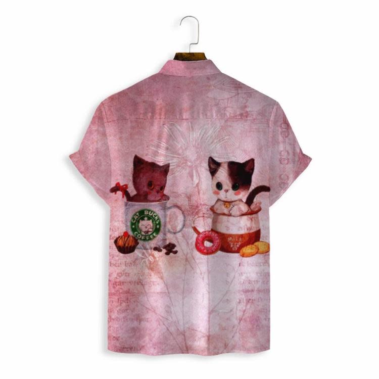 2023新款夏3D數碼印花牛奶咖啡貓男休閒寬松襯衫廠家直-細節圖2