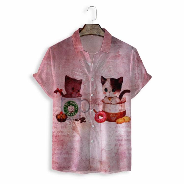 2023新款夏3D數碼印花牛奶咖啡貓男休閒寬松襯衫廠家直-細節圖5