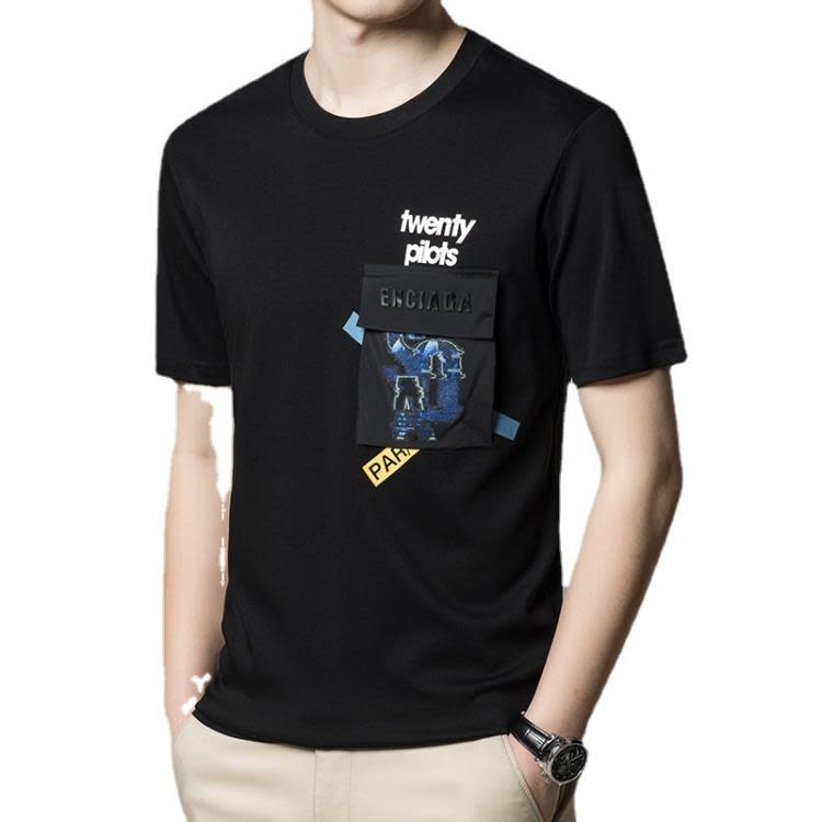 夏季短袖T恤男士微寬松潮牌印花潮流胸前重工口袋拼布個性網紅帥-細節圖5