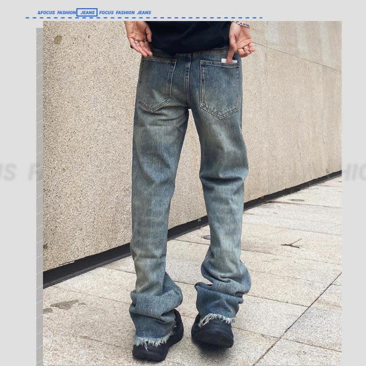 牛仔褲 夏季ins潮牌美式破洞男高街vibe風中性寬松直筒闊腿長褲男-細節圖3