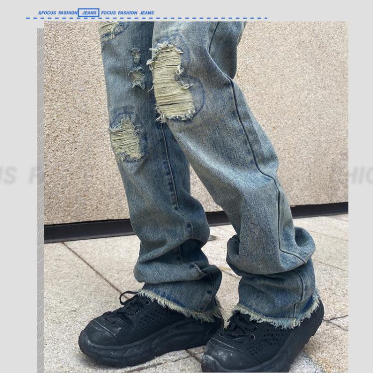牛仔褲 夏季ins潮牌美式破洞男高街vibe風中性寬松直筒闊腿長褲男-細節圖4