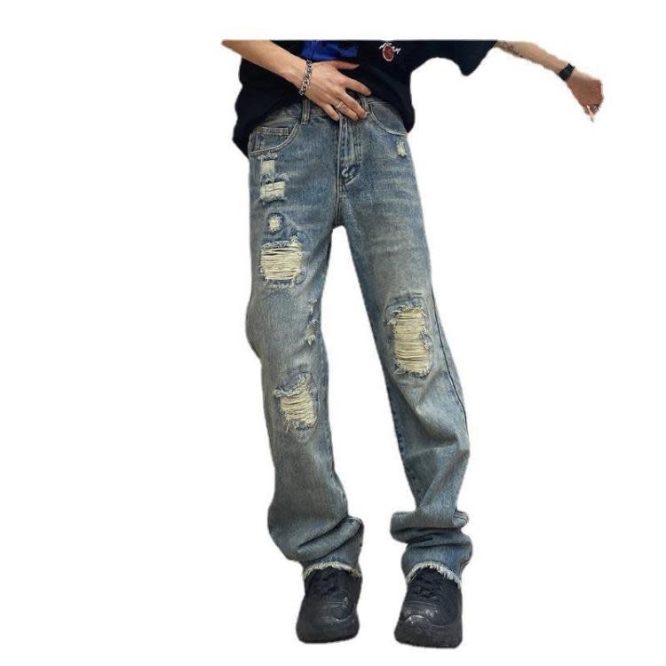 牛仔褲 夏季ins潮牌美式破洞男高街vibe風中性寬松直筒闊腿長褲男-細節圖5