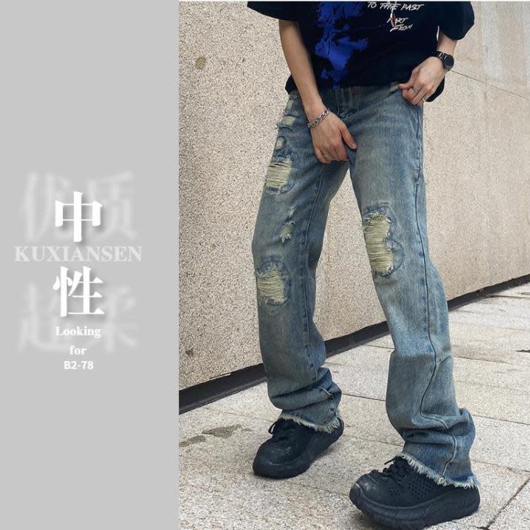 牛仔褲 夏季ins潮牌美式破洞男高街vibe風中性寬松直筒闊腿長褲男-細節圖6