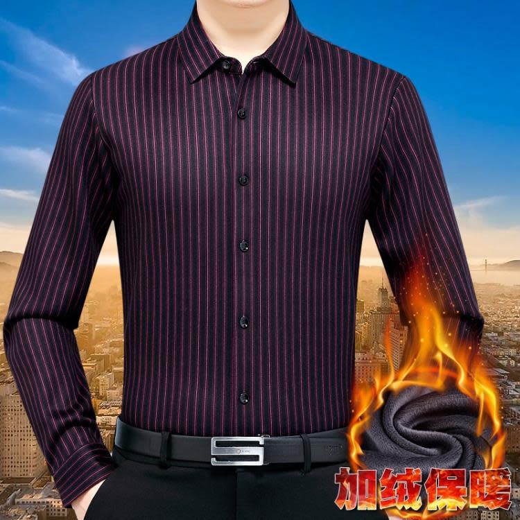 品牌冬季山羊絨加絨保暖襯衫男士長袖中年休閒父親免燙加厚襯衣男-細節圖3