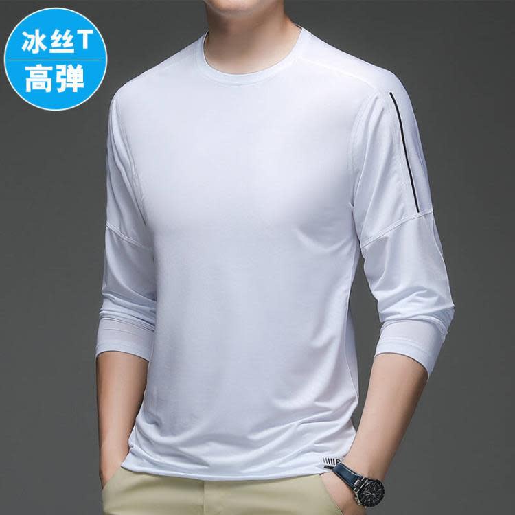 長袖T恤 運動冰絲t恤男春夏商務品質純色薄款透氣彈力休閒男士-細節圖4