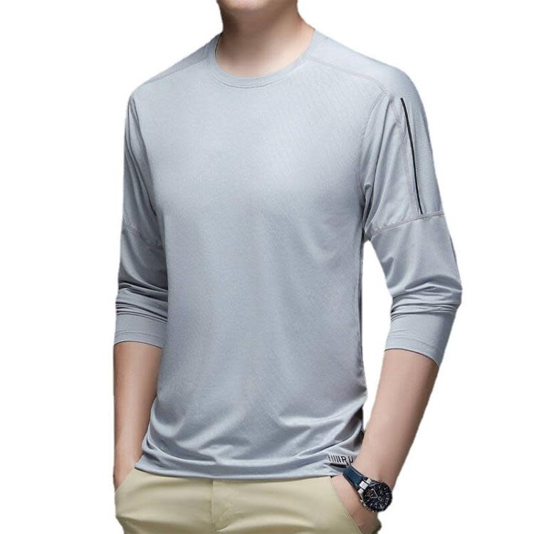 長袖T恤 運動冰絲t恤男春夏商務品質純色薄款透氣彈力休閒男士-細節圖5