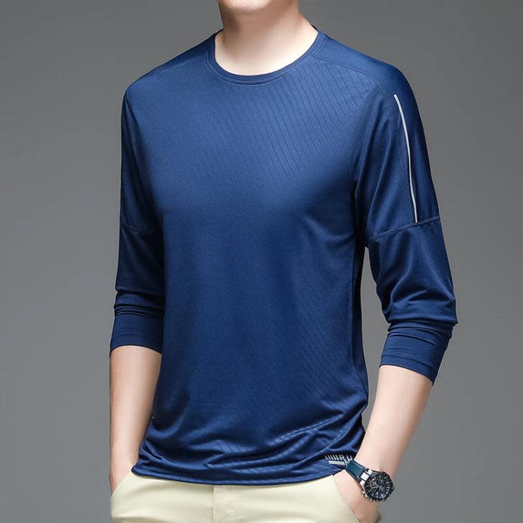 長袖T恤 運動冰絲t恤男春夏商務品質純色薄款透氣彈力休閒男士-細節圖6