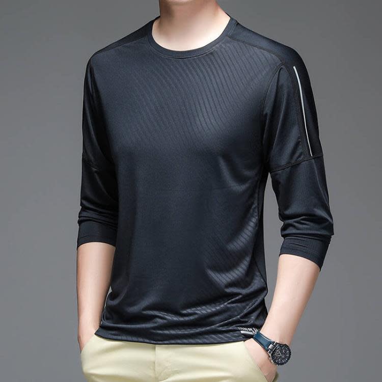 長袖T恤 運動冰絲t恤男春夏商務品質純色薄款透氣彈力休閒男士-細節圖7