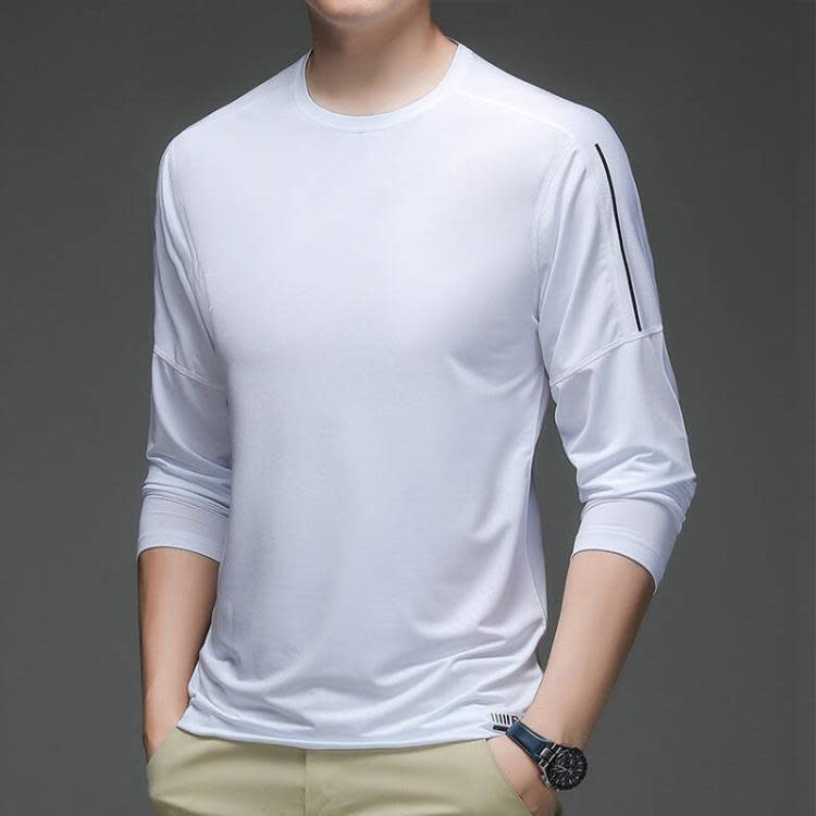 長袖T恤 運動冰絲t恤男春夏商務品質純色薄款透氣彈力休閒男士-細節圖8
