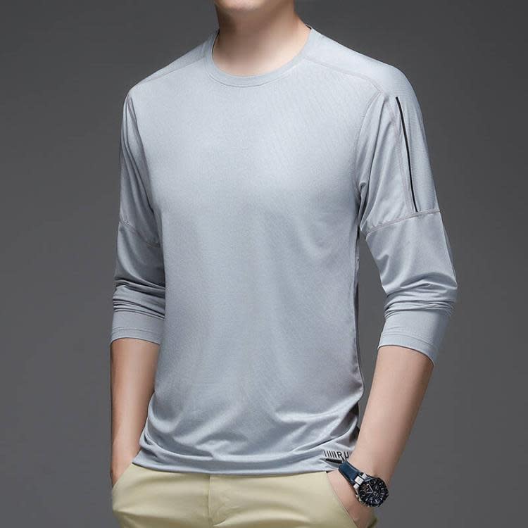 長袖T恤 運動冰絲t恤男春夏商務品質純色薄款透氣彈力休閒男士-細節圖9