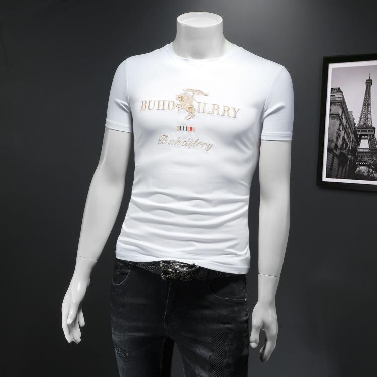 T恤 男士夏季現貨白色青年休閒寬松型字母無領絲光棉t恤衫男款半袖-細節圖2