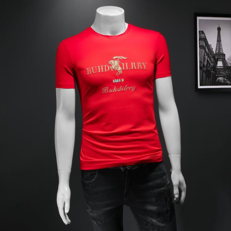 T恤 男士夏季現貨白色青年休閒寬松型字母無領絲光棉t恤衫男款半袖-細節圖3