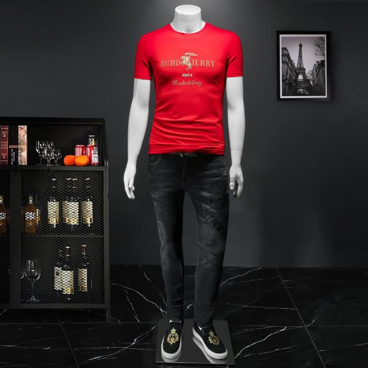 T恤 男士夏季現貨白色青年休閒寬松型字母無領絲光棉t恤衫男款半袖-細節圖4