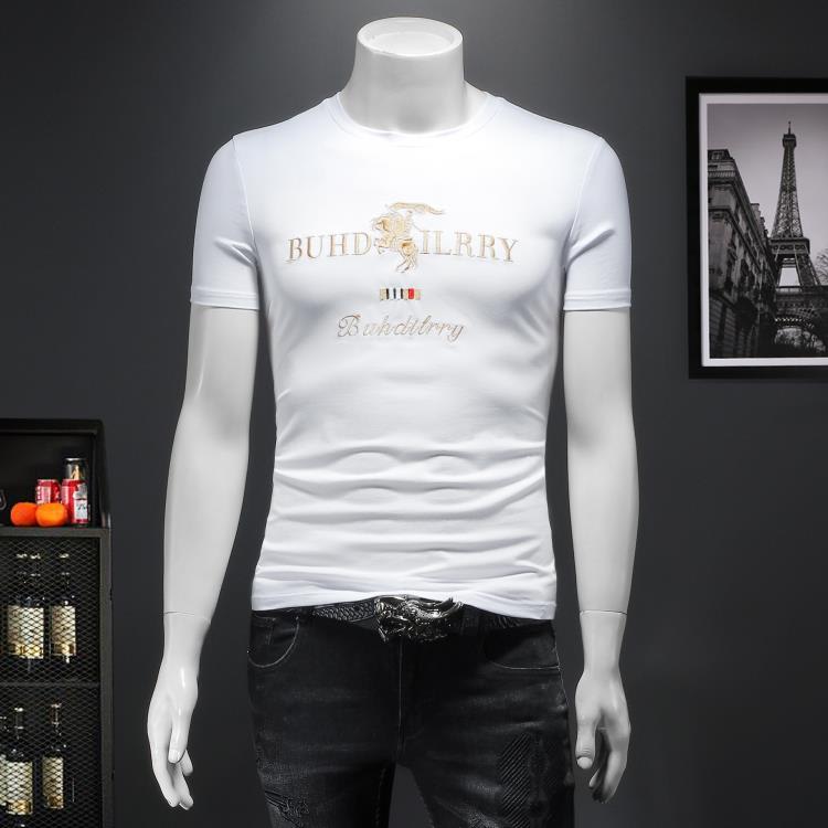 T恤 男士夏季現貨白色青年休閒寬松型字母無領絲光棉t恤衫男款半袖-細節圖6