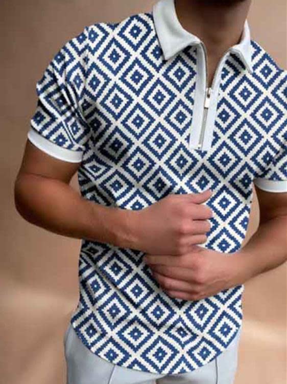 T恤 2023歐美春夏新款POLO衫拉鍊藍色格子男上衣-細節圖2