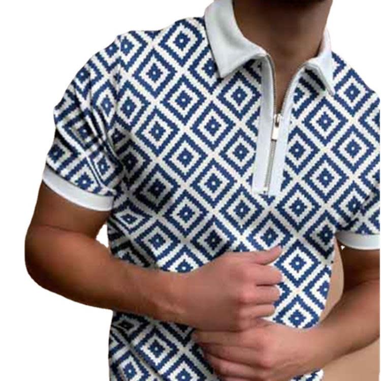 T恤 2023歐美春夏新款POLO衫拉鍊藍色格子男上衣-細節圖5