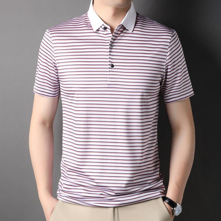 夏季新款27桑蠶絲輕奢品質男裝短袖T恤條紋透氣男式POLO衫TDLF623-細節圖2