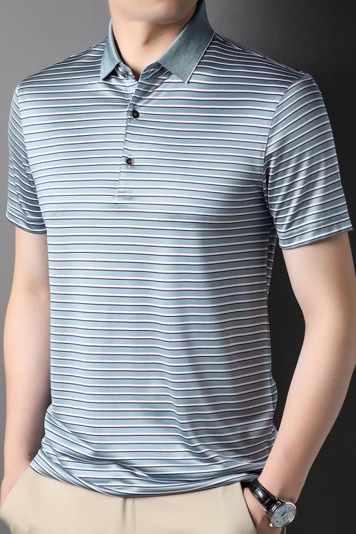 夏季新款27桑蠶絲輕奢品質男裝短袖T恤條紋透氣男式POLO衫TDLF623-細節圖6