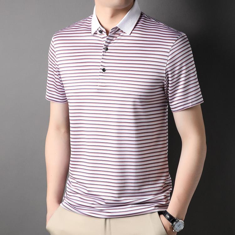夏季新款27桑蠶絲輕奢品質男裝短袖T恤條紋透氣男式POLO衫TDLF623-細節圖7