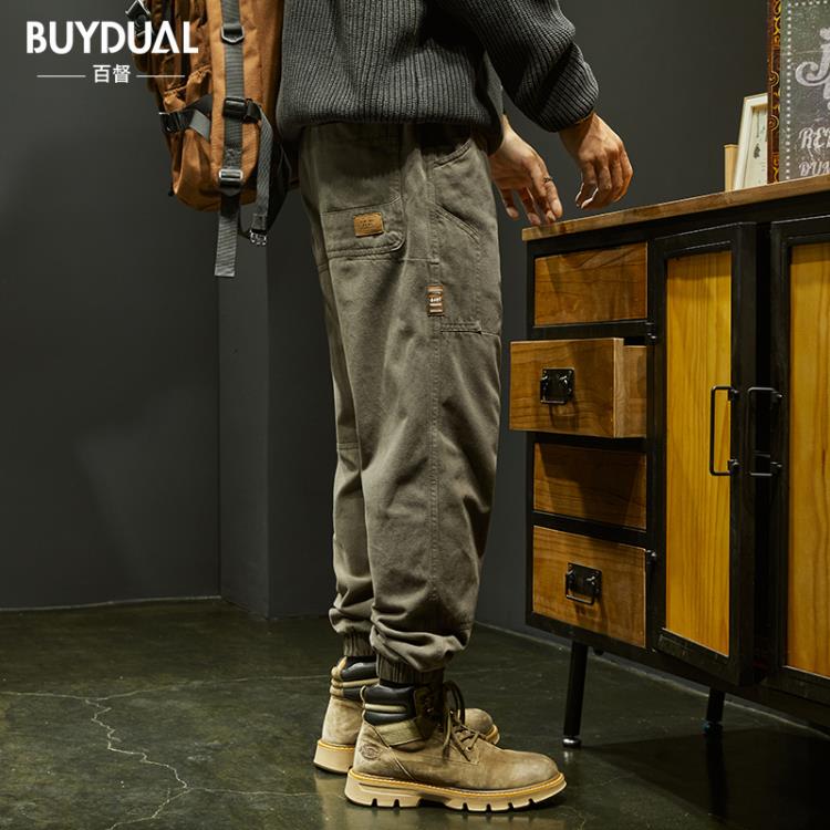 休閒褲 美式重磅復古工裝褲子男春秋寬松大碼男士褲潮牌錐形闊腿褲男-細節圖2