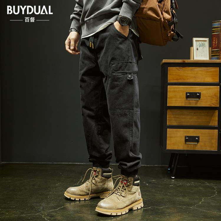 休閒褲 美式重磅復古工裝褲子男春秋寬松大碼男士褲潮牌錐形闊腿褲男-細節圖4