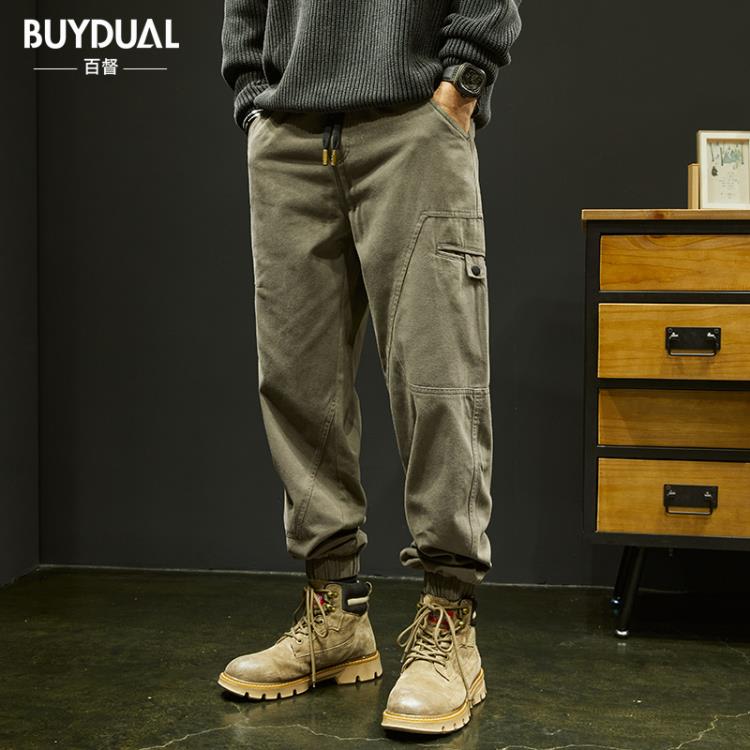休閒褲 美式重磅復古工裝褲子男春秋寬松大碼男士褲潮牌錐形闊腿褲男-細節圖5