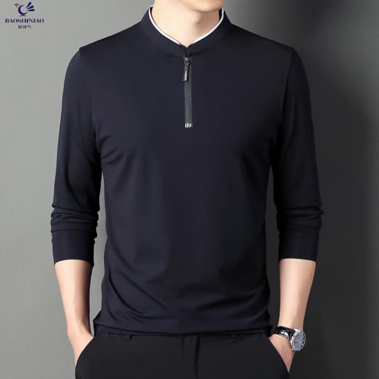 長袖T恤 其力男裝春季新款上衣男t恤正韓休閒立領拉鍊純色青年男士t恤-細節圖2