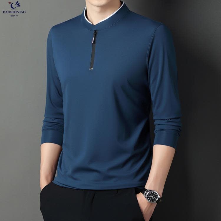 長袖T恤 其力男裝春季新款上衣男t恤正韓休閒立領拉鍊純色青年男士t恤-細節圖6