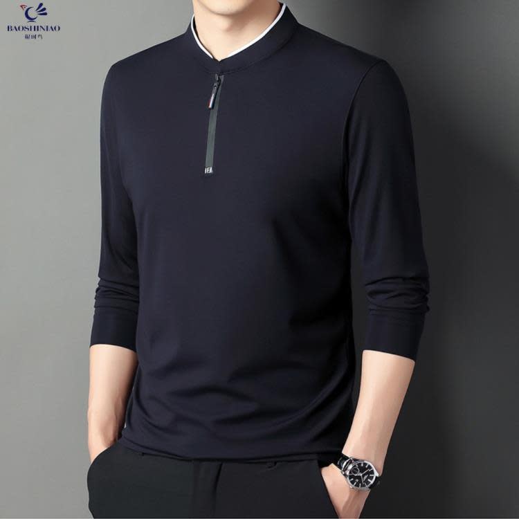 長袖T恤 其力男裝春季新款上衣男t恤正韓休閒立領拉鍊純色青年男士t恤-細節圖7