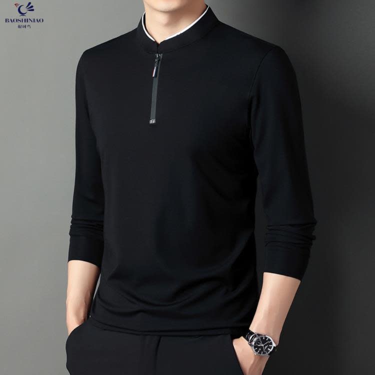 長袖T恤 其力男裝春季新款上衣男t恤正韓休閒立領拉鍊純色青年男士t恤-細節圖8