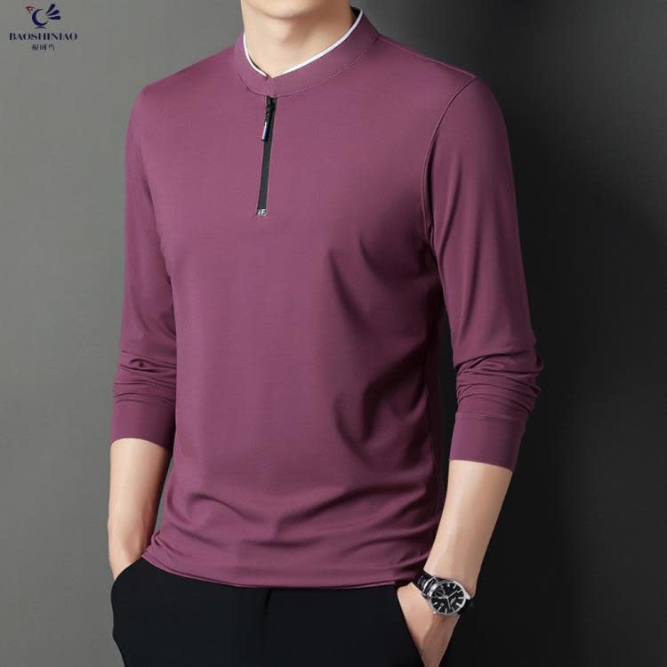 長袖T恤 其力男裝春季新款上衣男t恤正韓休閒立領拉鍊純色青年男士t恤-細節圖9