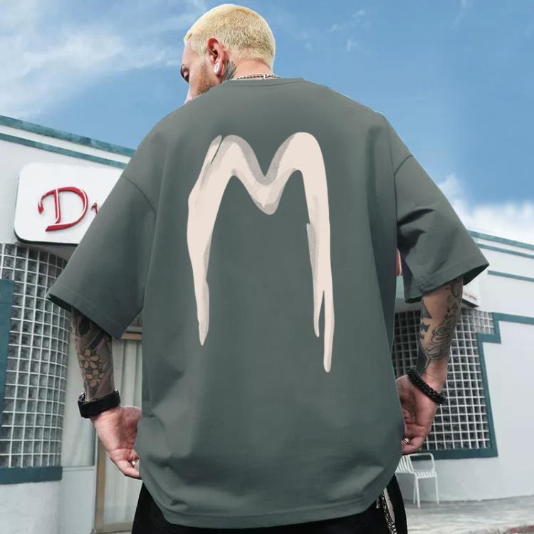 短袖T恤 純棉高質量潮牌高街簡約字母印花香港休閒寬松五分袖上衣-細節圖5