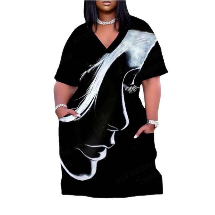 209 新款3D印花NFL戶外時尚休閒寬松大碼女裝V領中袖連身裙女-細節圖5
