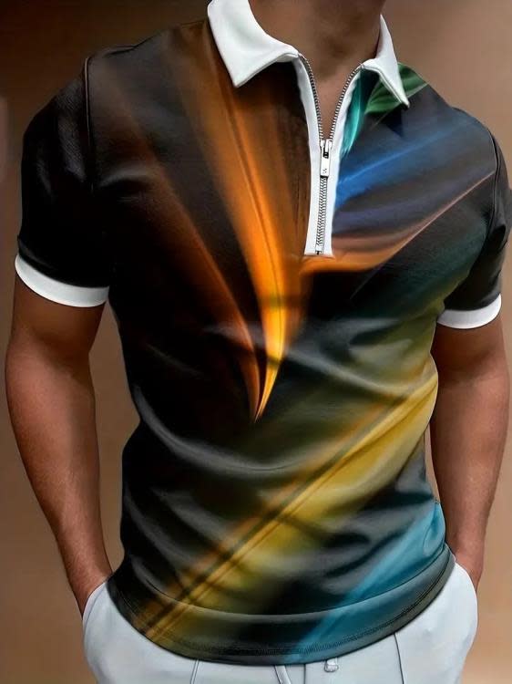 男裝Polo襯衫休閒高爾夫3D印花短袖T恤男式翻領拉鍊Polo上衣-細節圖4