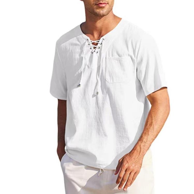2023新款男士熱賣棉麻時尚休閒系帶方領短袖襯衫-細節圖9