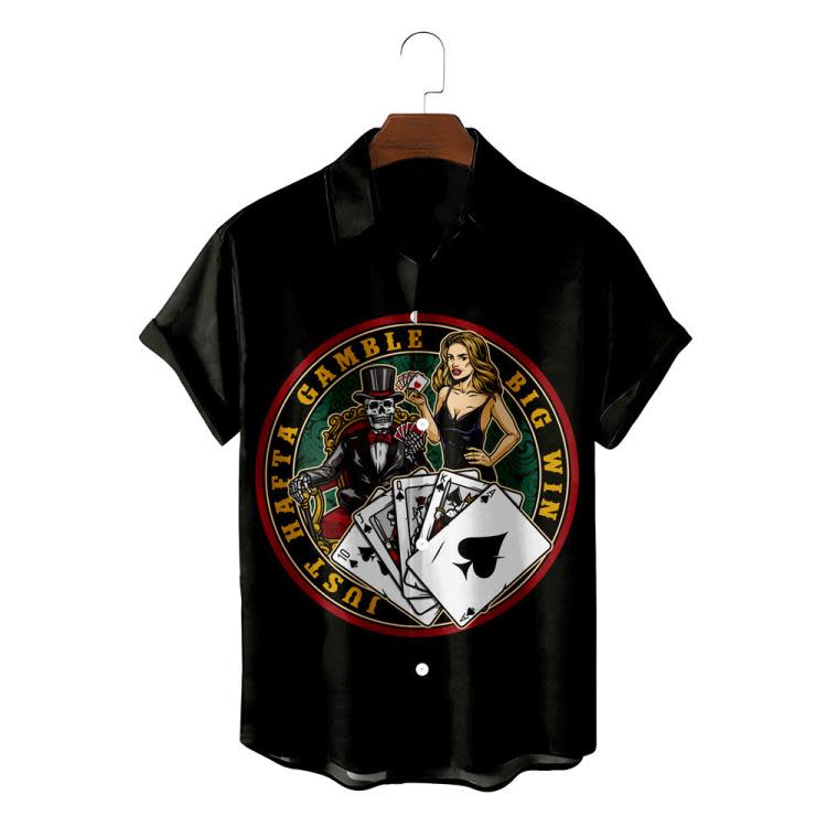 夏威夷沙灘度假紙牌骷髏歐美開衫短袖時尚旅游沖浪襯衫-細節圖3