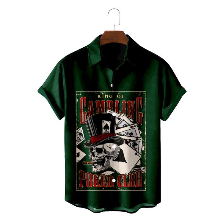 夏威夷沙灘度假紙牌骷髏歐美開衫短袖時尚旅游沖浪襯衫-細節圖6