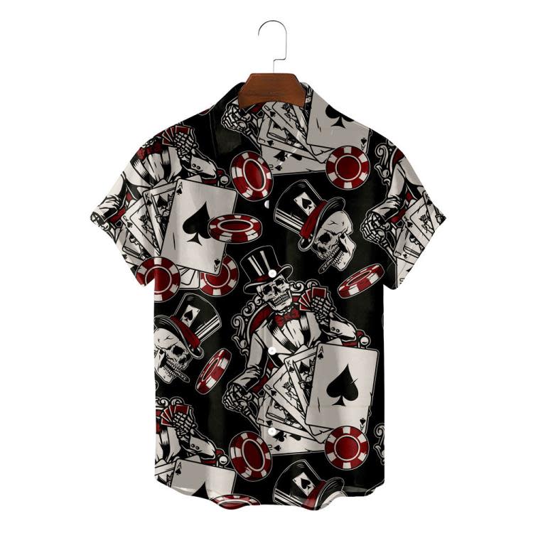 夏威夷沙灘度假紙牌骷髏歐美開衫短袖時尚旅游沖浪襯衫-細節圖7