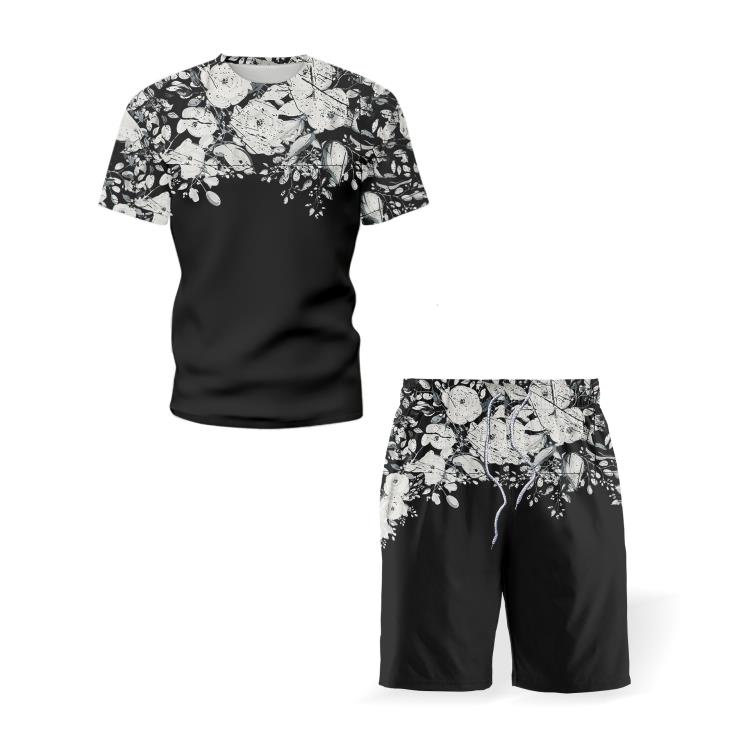 短袖T恤 男士火休閒黑桃3D印花短套裝運動下梅花印花套裝一手貨-細節圖2