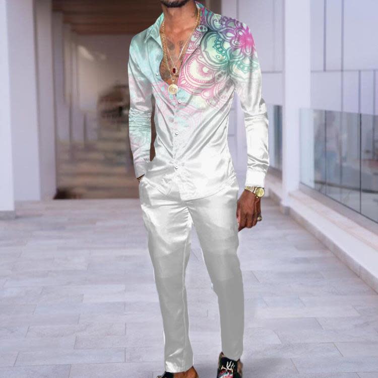 襯衫 2023春秋新款男士長袖套裝 3D數碼印花 嘻哈香港時尚潮牌-細節圖2