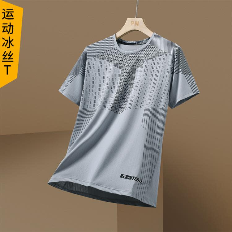 冰絲速干短袖2023年夏季半袖垂感順滑透氣上衣運動健身彈力t恤男-細節圖2