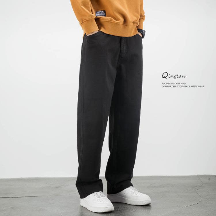 休閒褲 直筒褲男寬松大碼加長版高個子潮流簡約百搭黑色褲子秋季新款-細節圖2