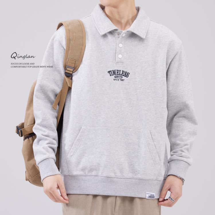 polo衫 2023新款男士潮款衛衣刺繡日系cityboy寬松正肩polo翻領情侶上衣-細節圖2